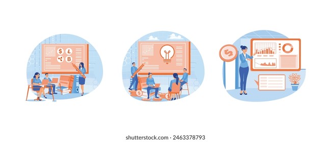 Entrepreneur provides financial education for the marketing team. Communicate with each other during meetings. Analyze company financial data. Financial education concept.