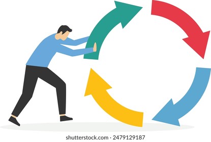 Entrepreneur pushing consistency circle symbol uphill with full effort. Consistency key to success, business strategy to repeatedly deliver work done, personal development or career growth.

