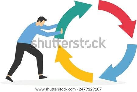 Entrepreneur pushing consistency circle symbol uphill with full effort. Consistency key to success, business strategy to repeatedly deliver work done, personal development or career growth.

