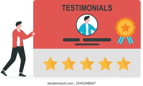 Emprendedor empujando tarjetas testimoniales con buenas críticas. Opinión del cliente, elogio del Cliente u opinión o Comentarios que da 5 estrellas de calificación, mensaje o comentario positivo, servicio de calidad.

