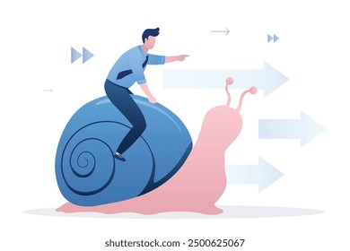 Entrepreneur ride on snail and shows wrong direction. Business slow growth or bad results. Erroneous vision, wrong way and strategy. Inefficient business management, mistakes and errors. vector