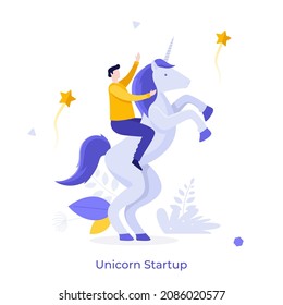 Entrepreneur Riding Unicorn. Concept Of Startup Company Or Project, Successful Venture, Fast-growing Firm, Success In Entrepreneurship. Modern Flat Colorful Vector Illustration For Banner, Poster.