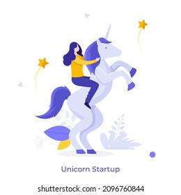 Entrepreneur Riding Unicorn. Concept Of Startup Company Or Project, Successful Venture, Fast-growing Firm, Success In Entrepreneurship. Modern Flat Colorful Vector Illustration For Banner, Poster.