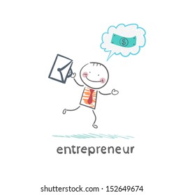 entrepreneur running with a briefcase and thinks about money