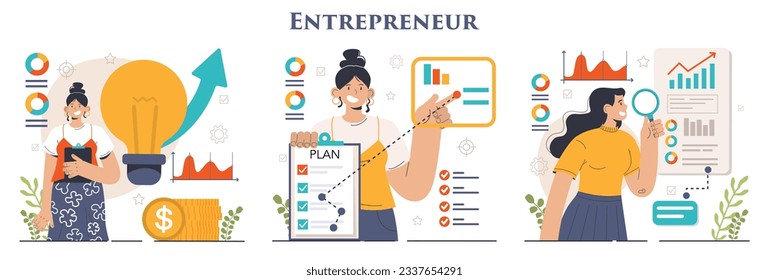Entrepreneur set. Successful business leader launching and managing a company. Idea of leadership and career achievement. Flat vector illustration