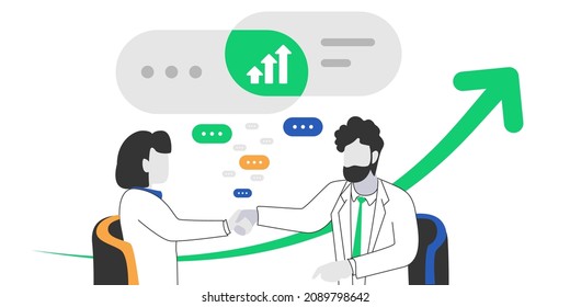 Entrepreneur shaking hands and finishing the deal that benefits both of them. The graph goes up. Chat bubbles show negotiation and chatting process, Big bubbles shows the benefits of the agreement 