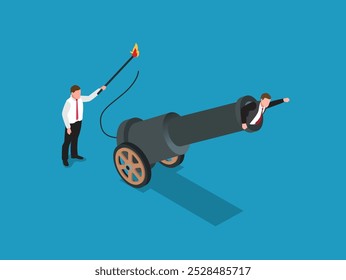 Entrepreneur shot from explosive cannon boosting high to achieve business success. Career boost or job promoted, productivity 3d isometric vector illustration