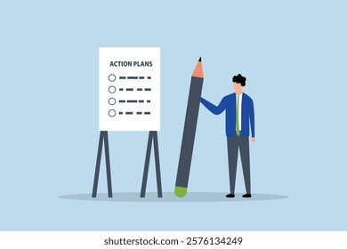 entrepreneur showcases strategy plan with checklist steps on whiteboard. 