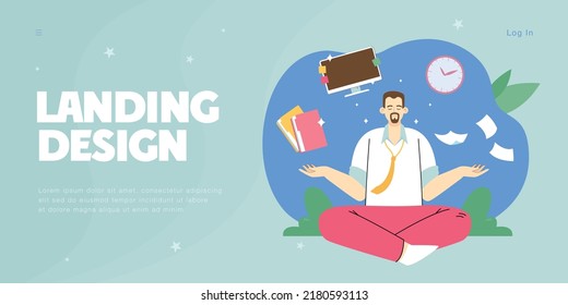 Entrepreneur sitting in lotus pose and meditating. Computer and book under businessman head flat vector illustration. Office worker relaxing after busy day. Concentration, zen, work concept