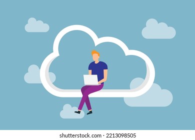 Entrepreneur sitting on cloud and working on laptop vector illustration concept for banner, website, illustration, landing page, flyer, etc.