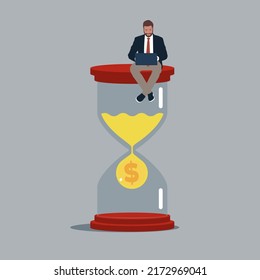 Entrepreneur sitting on the hourglass with laptop, business of time management and time is money.