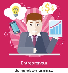 Entrepreneur sitting at table and working on freelance project on the stylish colored background. Activity field of freelancer. Flat design cartoon style for web design, analytic, graphic design 