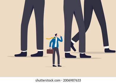 Entrepreneur or small business to fight with large company, fear in business competition, threats or conflict concept, struggle businessman look at big company competitor in same business or industry.