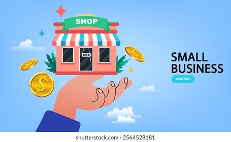 Entrepreneur or SME. Businessman hand hold small business shop. small business key to success. open new shop, start new business or company. Business Loans Concept. financial support for growth.