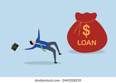 Entrepreneur soft loan to continue business in economic crisis, attempted broke businessman little commerce proprietor falling on the floor attempting to get bank credit.