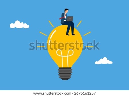 Entrepreneur solution, creative idea to solve work problem, success discover new innovation concept. Businessman working with computer laptop on bright light bulb idea.