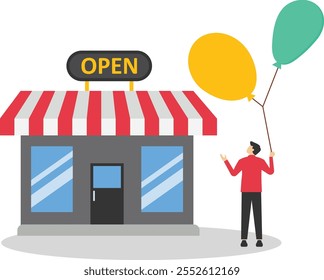 Entrepreneur standing with his new opening company or store front. Owner and entrepreneur start small business or retail shop, open store front or online shop concept.

