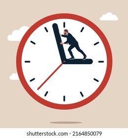 Entrepreneur standing on clock hour hand manage to push back minute hand to turn back time. Turn back time to fix mistake, inevitable failure or urgency closed to deadline.