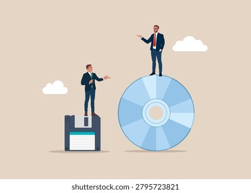 Entrepreneur standing on high compact disk, partner on small 3.5