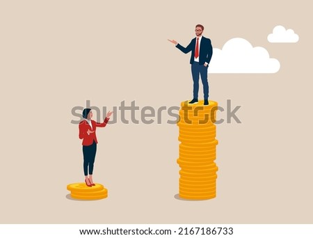 Entrepreneur standing on much more paid money coins, woman on less small income coin Gender pay gap, inequality between man and woman wage, salary or income, issue about gender diversification.