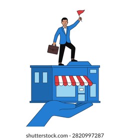 A Entrepreneur stands on a storefront held in a giant hand, waving a victory flag to represent business success, support, growth and achievement for small businesses. Flat vector modern illustration