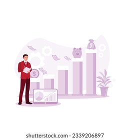 The entrepreneur stands, taking notes against the background of charts of various types of wages. Trend Modern vector flat illustration
