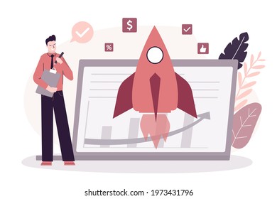 Entrepreneur starts own business. Young businessman launches rocket. Male character launches new project. Idea of successful startup and development. Big spaceship on laptop screen.Vector illustration
