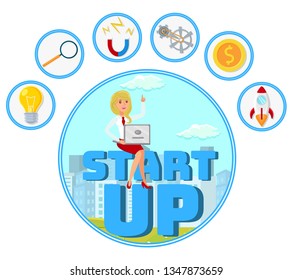 Entrepreneur with Startup Idea Vector Web Banner. Female Worker with Raised Hand Cartoon Character. Businesswoman Working with Laptop. Flat Color Business illustrations in Round Frames