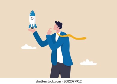 Entrepreneur and startup project, start new business or opportunity to invent new product, innovation or ambition to success concept, confidence businessman holding rocket project thinking for launch.