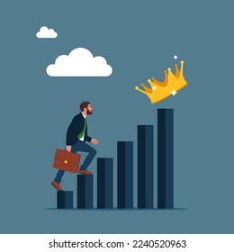 Entrepreneur step up of diagram as staircase to achieve crown at the top. Steps to success,  to achieve business success. Flat vector illustration