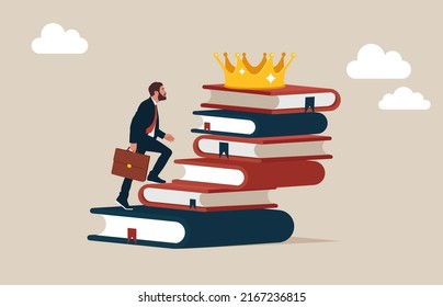 Entrepreneur step up on stack of books as staircase to achieve crown at the top. Education or knowledge steps to success, learning or study for skill development to achieve business success. 