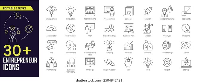 Entrepreneur Stroke icon collections. Containing clerk, task, idea, startup, unicycle, man, businesswoman, businessman, tasks. Editable Stroke icon collection Outline icon