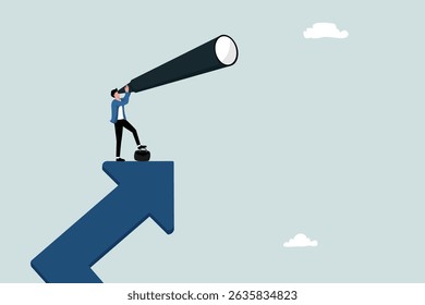 Empresário com forte visão de negócios, para ver o conceito de oportunidades de negócios, empreendedor masculino bem-sucedido fica em uma seta imponente com um telescópio ou binóculos para ver a visão