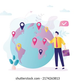 Entrepreneur Takes Business To Global Market. Businessman Developed Company To International Level. Male Character Opens New Market Places Around World. Franchising Concept. Flat Vector Illustration