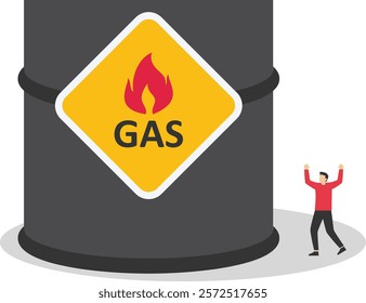 Entrepreneur thinking with big gas cylinder. Think big, aspiration to win and success in business. Commodities price for trading and investment. Gas tank, Used for various industries, consumable.

