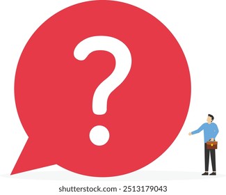 Entrepreneur thinking with big question mark sign in speech bubbles. Big problem and a lot of questions. Modern vector illustration in flat style.

