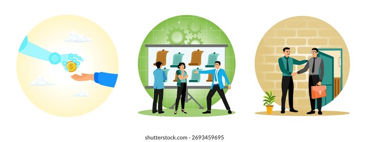 Empreendedor que usa tecnologia de inteligência artificial para aumentar a produtividade. Colaboração de equipe de negócios em brainstorming no escritório. O processo de desintegração para os funcionários que deixam a empresa.