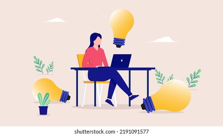 Entrepreneur woman idea - Female person working on great ideas alone sitting at desk with laptop computer with light bulb over her head. Flat design vector illustration