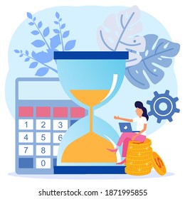 The entrepreneur woman sits on a pile of coins by the hourglass, managing her time and achieving success with her business. Financial concept, time management. Flat vector illustration.