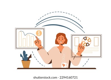 Entrepreneur woman works on two modern screens, connecting lines between different business process, operation control. Concept of work by Internet, multitask. Vector illustration background.