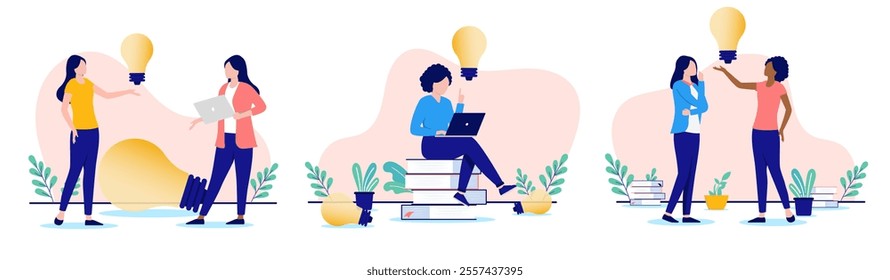 Entrepreneur women coming up with ideas collection - Set of illustrations with businesswomen and lightbulbs working in corporate setting. Flat design vector on white backgrounds