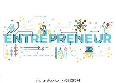 Entrepreneur word lettering typography design illustration with line icons and ornaments in blue theme