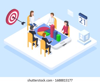 Entrepreneur And Workers Planning Working Tasks, Organizing Job And Activities. Setting Goals And Deadlines At Business Conference. People Analyzing Data And Stats. Vector In Isometric Style