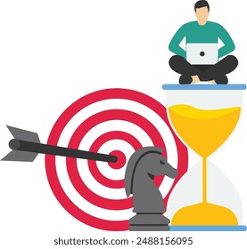Emprendedor que trabaja con la computadora se sienta en el objetivo con el caballero de ajedrez y el vidrio de arena. Estrategia de negocio, planificación para alcanzar el objetivo, gestión para la oportunidad de crecimiento de la empresa, objetivo de éxito del mercado.

