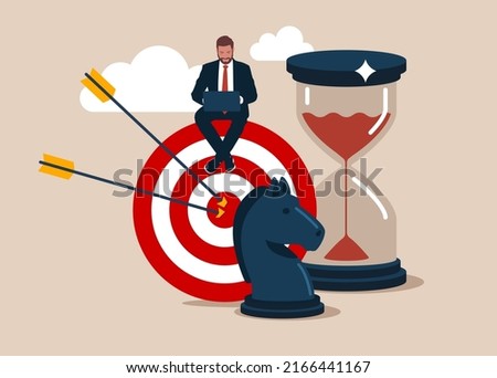 Entrepreneur working with computer sit on target with chess knight and sandglass. Business strategy, planning to achieve goal, management for company growth opportunity, market success goal.