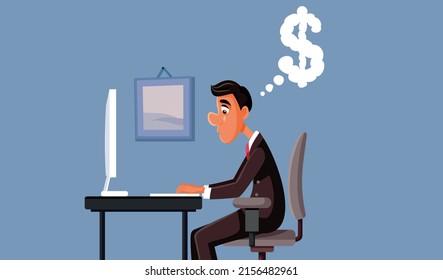 
Entrepreneur Working Over Hours Thinking About Making Money Vector Cartoon. Office Worker Motivated By Earning His Living Doing Overtime Work
