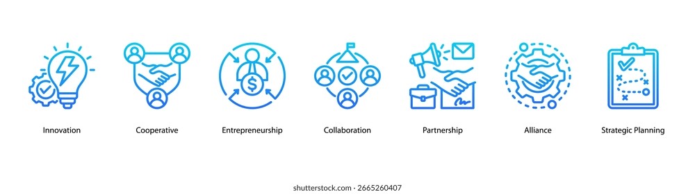 Ilustração vetorial do ícone de banner da Web de Colaboração Empreendedora apresentando Inovação, Cooperativa, Empreendedorismo, Colaboração, Parceria, Aliança e Planejamento Estratégico.