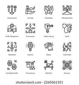 Entrepreneurial, Humanity, Stewardship, Self Improvement, Conflict Management, Concentration, Problem Solving, Health, Adaptability, Expertise, Respect Outline Icons - Stroked, Vectors