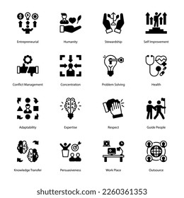 Entrepreneurial, Humanity, Stewardship, Self Improvement, Conflict Management, Concentration, Problem Solving, Health, Adaptability, Expertise, Respect, Glyph Icons - Solid, Vectors