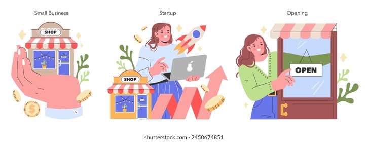 Entrepreneurial Journey set The lifecycle of a small business, from dream to startup to grand opening Embracing the entrepreneurial spirit in vibrant vector art